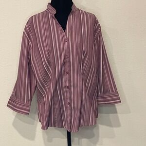 Womens Striped Band Collar 3/4 Sleeve Button Up Blouse Top Burgundy White